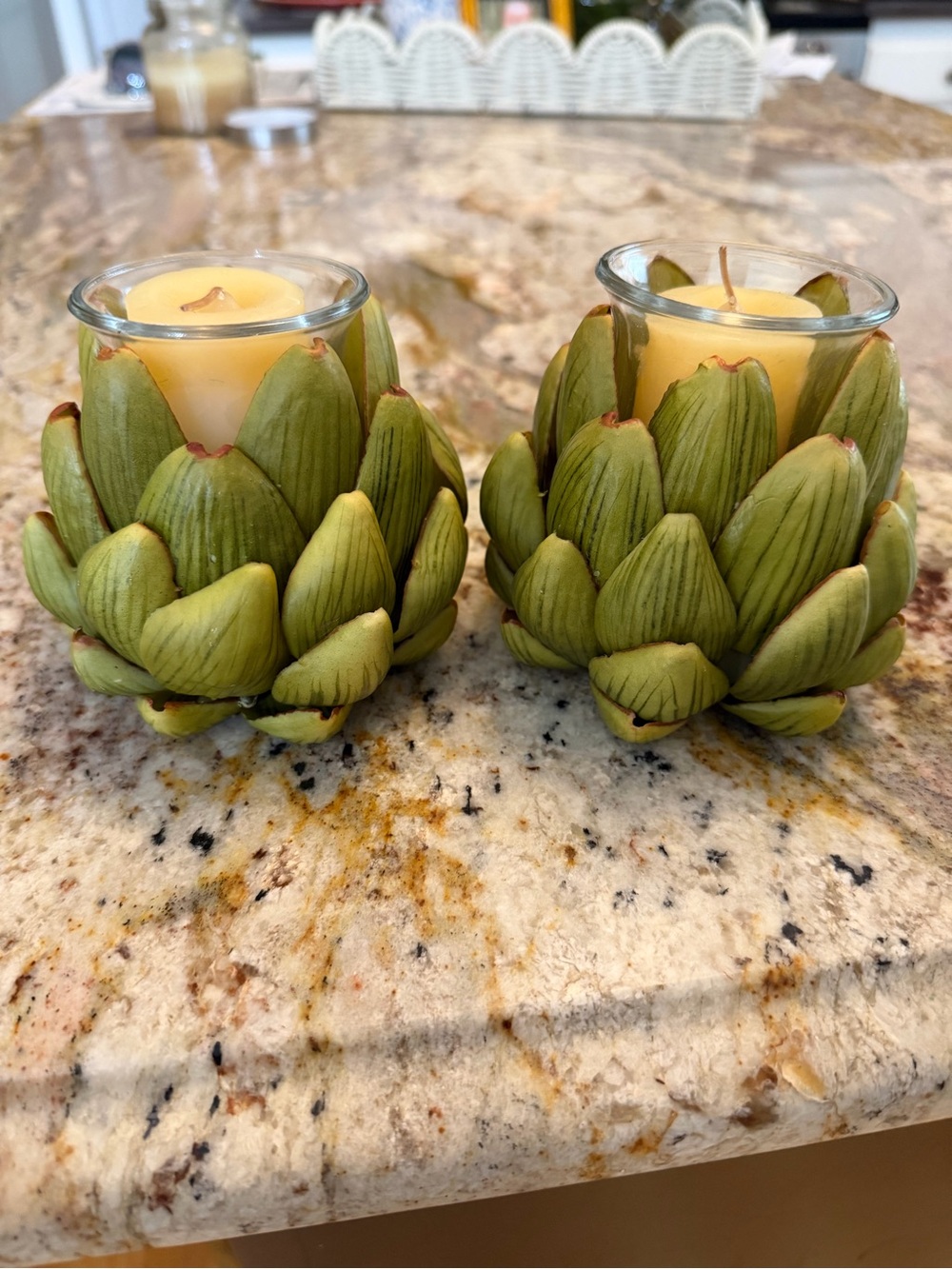 Southern Living Green Artichoke Votive Candle Holders with Yellow Candles